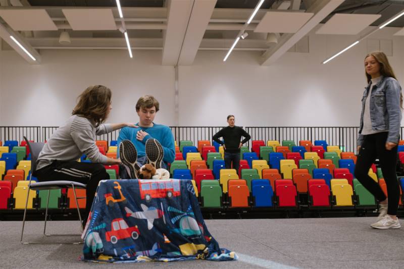 Colourful lecture theatre with multi-coloured chairs at Erne Campus