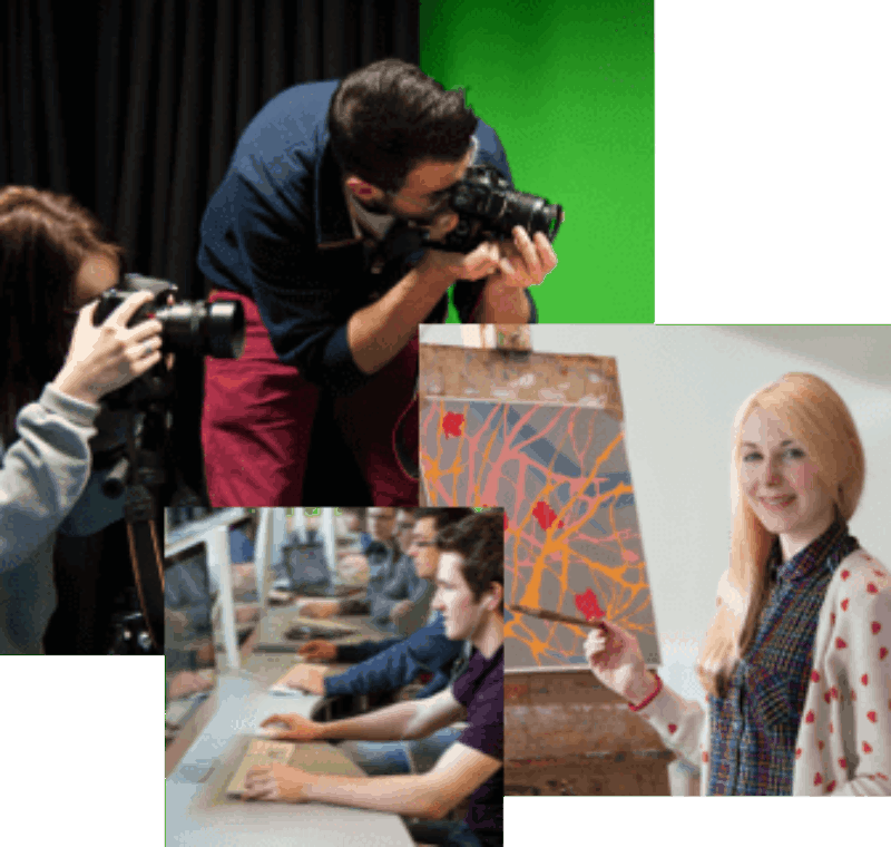 This image (Collage made up of three photos depicting students engaged in photography, art, and IT.) is a link that points to the About page